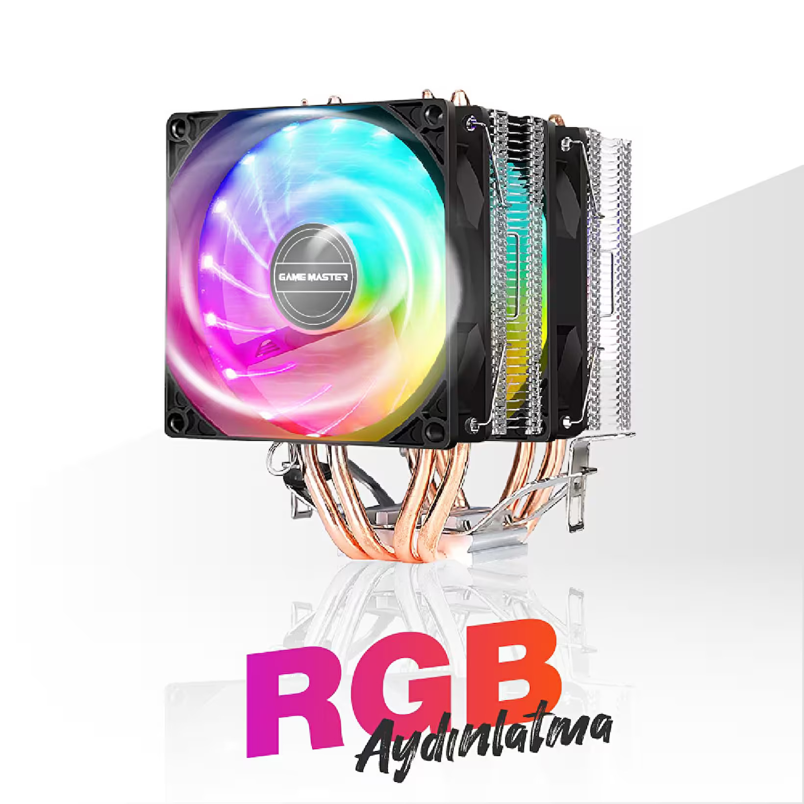 GameMaster GM-420 RGB kule tipi işlemci soğutucu 2 fanlı 4 bakır borulu CPU fan - Çift Fanlı Kule Tipi İşlemci Soğutucu - GameMaster